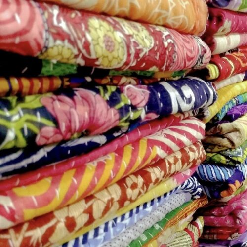 kantha reversible throws, handmade, recycled sari