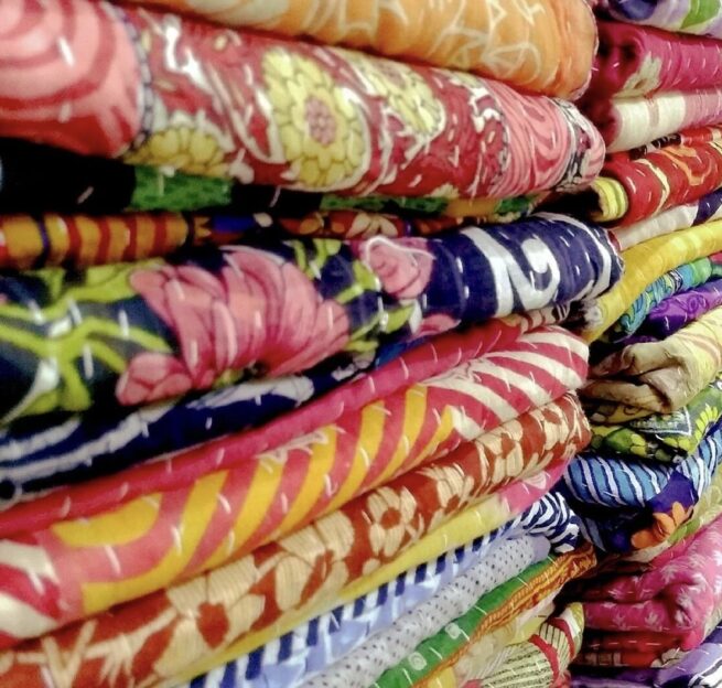kantha reversible throws, handmade, recycled sari