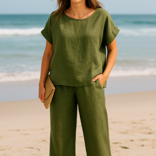 Lulu Wide Linen Top In Olive