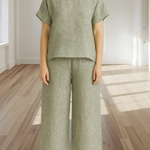 Lulu Wide Leg Linen Pants in Green Marle