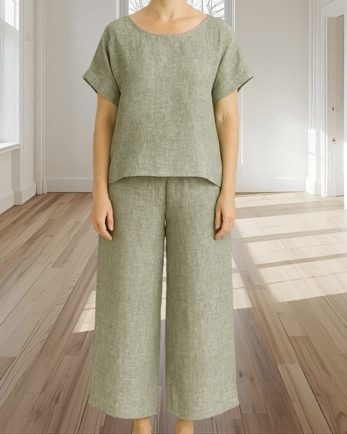 Lulu Wide Leg Linen Pants in Green Marle